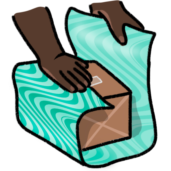 a person's hands wrapping a cardboard box with teal wrapping paper with a wavy pattern. 